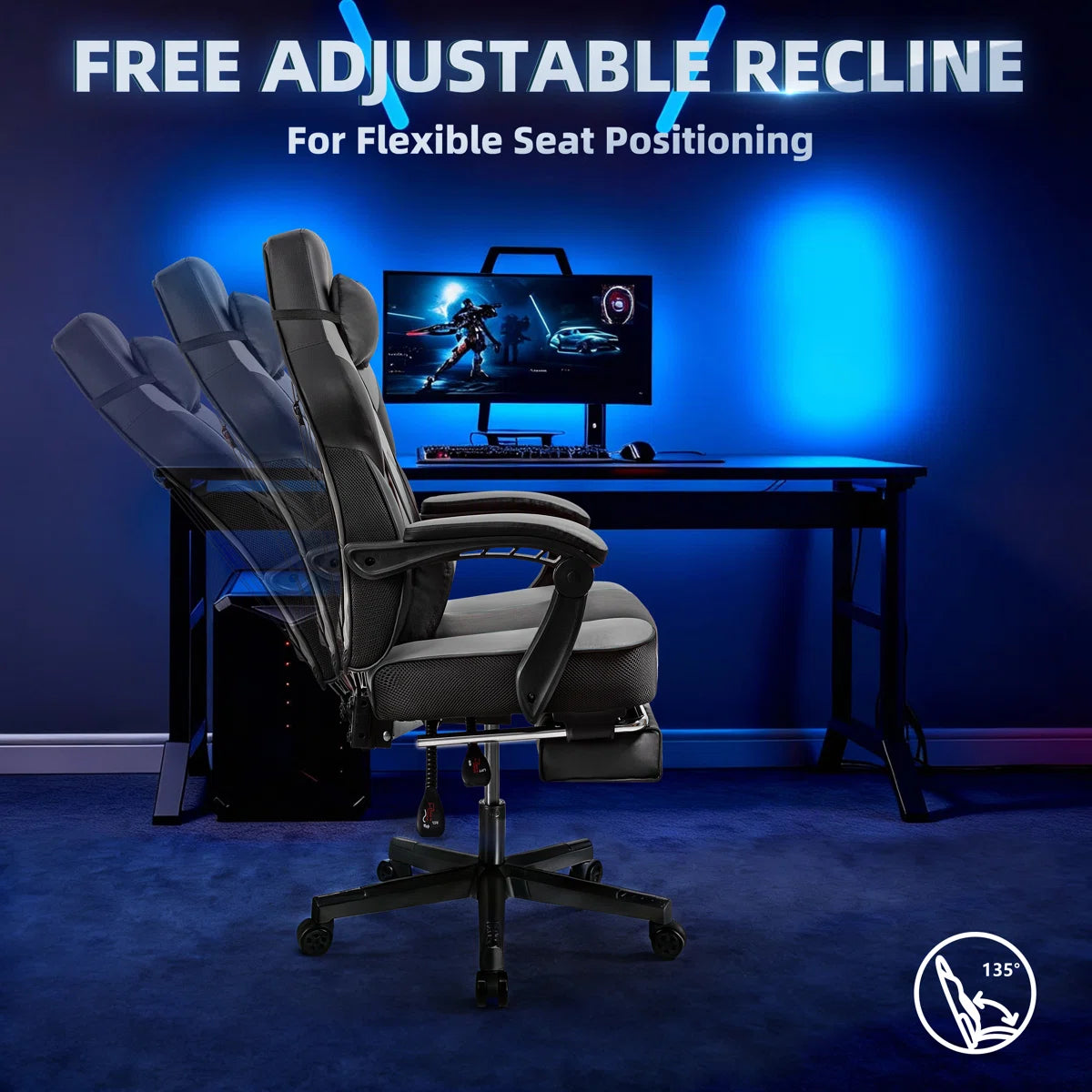 Adjustable Gaming Chair Reclining Ergonomic Swiveling PC & Racing Gaming Chair with Footrest