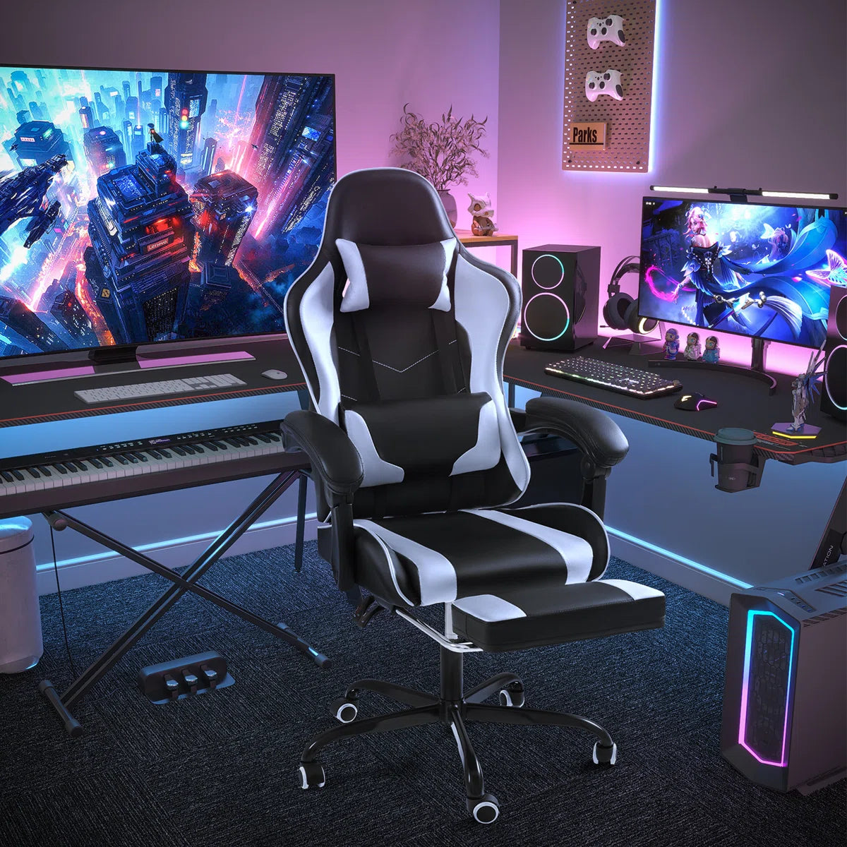 Adjustable Video Gaming Chair with Massage Swiveling PC & Racing Game Chair with Footrest